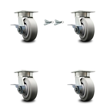 Service Caster 5 Inch Kingpinless Thermoplastic Rubber Wheel Caster Brakes 2 Swivel Locks, 4PK SCC-KP30S520-TPRRF-SLB-BSL-2-SLB-2